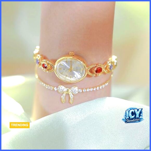 Gold Tone Quartz Wrist Watch with Vintage Bracelet and Jade Oval Dial main image 6
